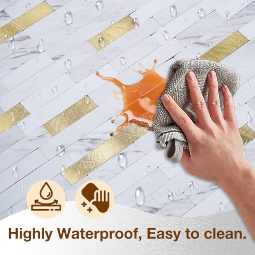 Peel and Stick Backsplash Tile Waterproof Removable PVC Wall Sticker 3D Faux Stone Marble Brick White Accent Panels (American Walnut - Metal Gold, 40 Tiles - 18 sq. ft. (1.68 m²)) - color: American Walnut - Metal Gold, size: 40 Tiles - 18 sq. ft. (1.68 m²