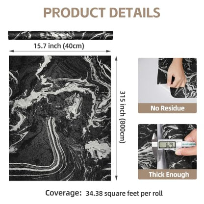 15.7''x315'' Black White Marble Wallpaper for Countertops Kitchen Thick Peel and Stick Faux Marble Stickers Flowing Natural Linear Veining Thick Wallpaper for Cabinets Countertops Table Room - size: 15.7" x 315"