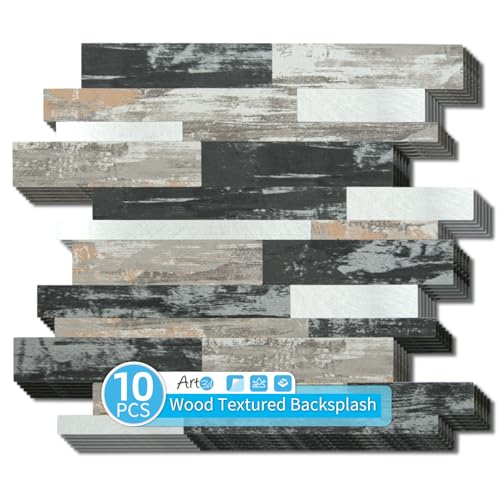 Art3d Faux Stone Peel & Stick Backsplash Tile, 10 pcs, Distressed Wood - color: Distressed Wood, size: 13.4" x 11.8"