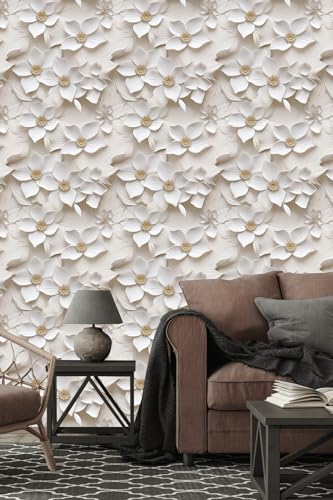 Peel and Stick Wallpaper Cream White Floral Accent - color: Cream&yellow, size: 17.7" x 118"