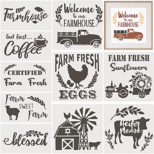 10 Pieces Reusable Farmhouse Stencils Farm Theme Painting Stencils for Scrapbooking Drawing Tracing DIY Furniture Wall Floor Fabric Decors, 2 Sizes and 10 Patterns