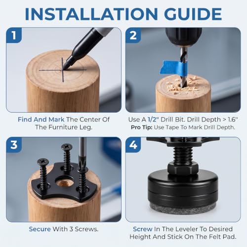 3/8”-16 Thread Furniture Leveling Feet, 4 Pcs Adjustable Furniture Feet