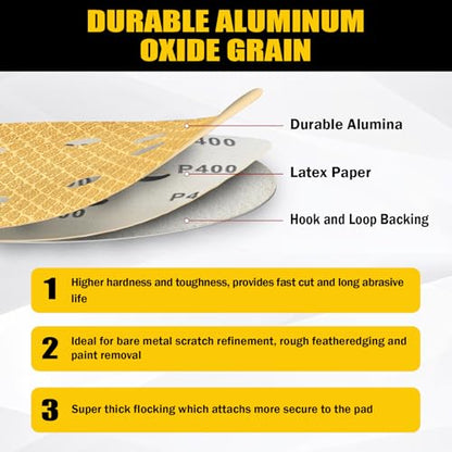 130Pcs 5 Inch 8-Hole Hook&Loop Sanding Discs, 240 Grit Diamond Yellow Sand, Dust-Free/Wear-Resistant, Latex Paper Base (No Fray), 135G Backing for Wood/Metal/Auto, DIY & Pros - style: 5inch-8Hole