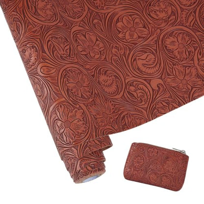 11.8 x 53.9 Inch Brown Floral Embossed Texture Leather Fabric