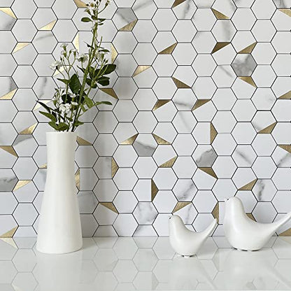 DICOFUN 1 Hexagon Tile Peel and Stick Backsplash, White Marble Look PVC Mixed Golden Metal Mosaic Tiles - color: Marble White + Gold Metal Chip, size: 1 Sheet, 12''x12''x0.12''