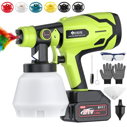 Cordless Paint Sprayer HVLP Spray Gun with 21V Battery – 300W Electric Paint Gun, 1000ml Tank, 6 Nozzles & 3 Spray Patterns for Cabinets, Walls, Ceilings, Furniture