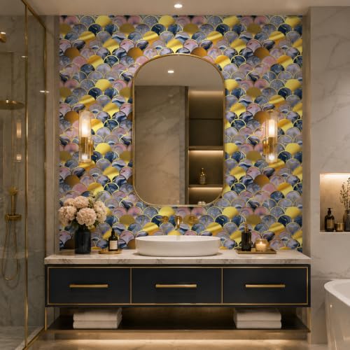 Peel and Stick Kitchen Backsplash Tiles 16PCS – Waterproof Self Adhesive Wall Stickers, Easy DIY Stick On, Heat Resistant Decorative Wall Covering (Modern Art Deco Scallop Marble Style) - color: Modern Art Deco Scallop Marble Style