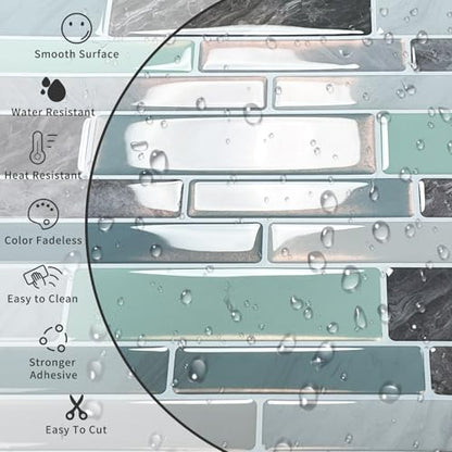 10-Sheet Peel and Stick Kitchen Backsplash Tiles - color: Blue Green