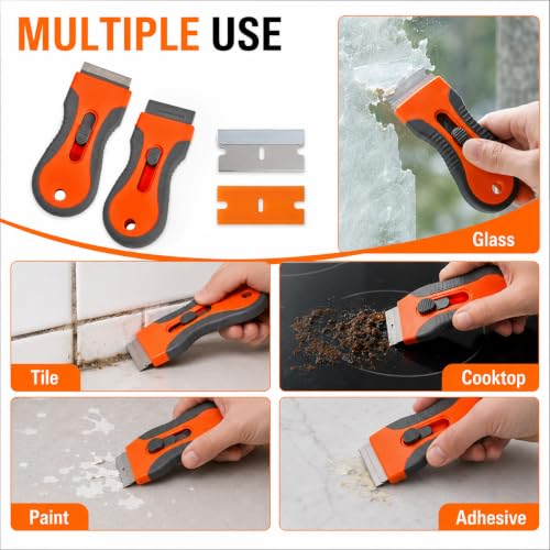 Razor Blade Scraper Tool with 20pcs Extra Blades, Razor Blade Retractable,Safety Lock Paint Stripping Tool, for Removing Labels, Stickers, Decals, Paint from Glass - color: Telescopic scraper