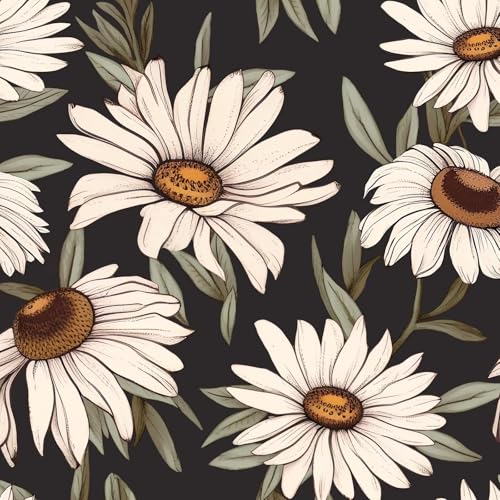 Laatse Dark Daisy Floral Peel and Stick Wallpaper 17.5" × 393", White/Black - color: Black,Green, size: 393" x 17.5"