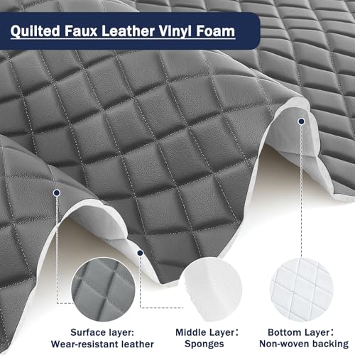 SmoothNovelty 2.1 Yards Diamond Quilted Vinyl Headliner Material 55 in Wide Faux Leather with Foam Backed 2" x 3" Diamonds Pattern Fabric for Car Furniture Upholstery(Dark Gray, White Thread) - color: Gray, size: 2.1 Yards