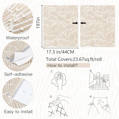 Guvana Beige Peel and Stick Wallpaper Boho Beige and White Contact Paper - color: Beige and White, size: 17.3" x 118"