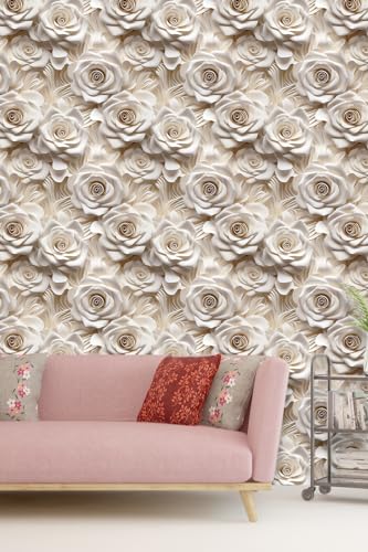 Peel and Stick Wallpaper Beige Rose Floral Accent - color: Cream&Light Brown, size: 17.7" x 118"