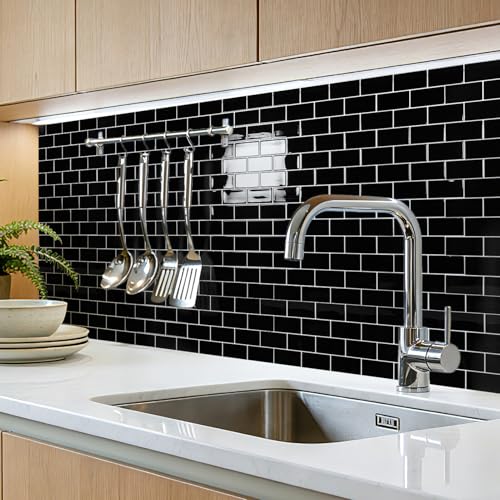 Art3d 10-Pack Subway Peel and Stick Backsplash, Black with Silver Grout - color: Black With Silver Grout