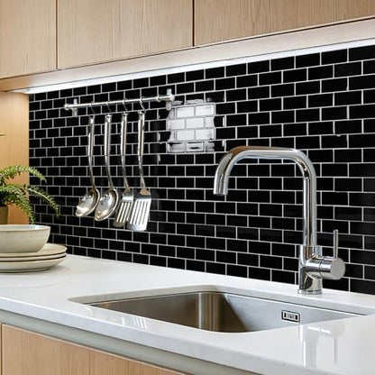Art3d 10-Pack Subway Peel and Stick Backsplash, Black with Silver Grout - color: Black With Silver Grout