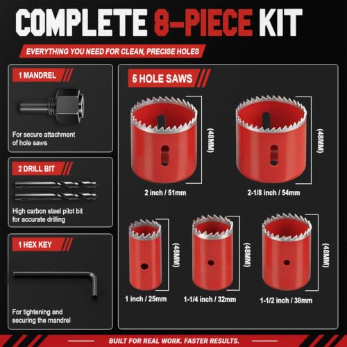 KATA 8PCS Hole Saw Kit 1"-2-1/8" Deep Cut 48mm for Wood, Plastic, Drywall - color: 8PC-Red Deep Cut Hole Saw Kit