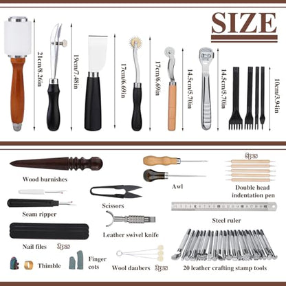 BUTUZE Leather Kit, Leather Tooling Kit for Beginners, Leathercraft Tools with Stamping Tools, Beveler, Groover, Stitching Punch Sewing Thread and Needles - Roll Bag and Manual