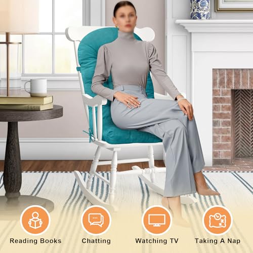 Rocking Chair Cushion - Chenille Fabric, High-Density Sponge, Durable Comfort Non-Slip Bottom Tufted Seat Pads with Ties, Chenille︱Blue, 44x19x4 inch - color: Blue