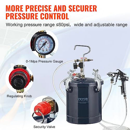 VEVOR Spray Paint Pressure Pot Tank, 10L/2.5gal Air Paint Pressure Pot, 1.5mm+4mm Two Nozzles Two Spray Paint Guns for Industry Home Decor Architecture Construction Automotive Painting, 60PSI Max - size: 10L1.5mm+4.0mm