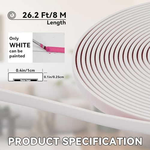 26.2 Ft Peel and Stick Wall Molding Trim, Flexible PVC Trim - color: White (Paintable), size: 26.2 Ft
