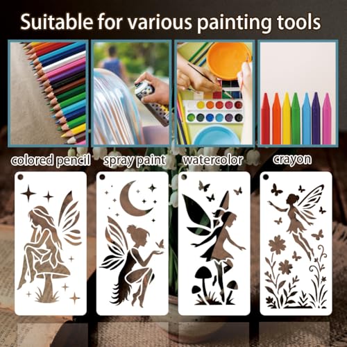 12 Sheets Fairy Stencils for Painting, Moon Fairy Wildflower Butterfly Drawing Templates Plastic Art Templates for Painting on Wall Wood Home Decor - style: Fairy