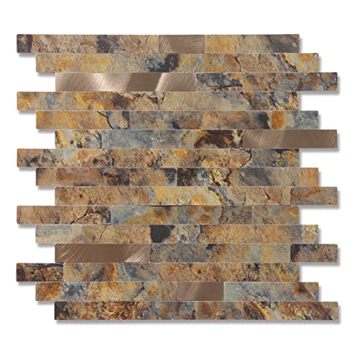 Yipscazo Peel and Stick Stone Metal Backsplash, Stick on Tiles for Backsplash Kitchen (Brown Stone Rock, 5-Pack) - color: Brown Stone Rock