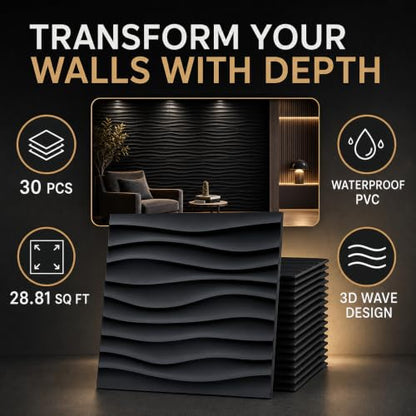 Chunful 30 Pcs 28.81 Sq ft 3D Wall Panels PVC Wave Design,11.8" x 11.8" Wall Panels Brick Wallpaper Waterproof for Interior Living Room Bedroom Decor(Black)