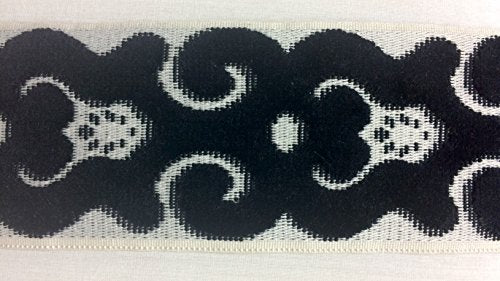 3.5" Woven Trim Tape with Velvet Embroidery H-1109/4 Cream, Navy Blue & French Blue Sold By The Yard Upholstery/Drapery