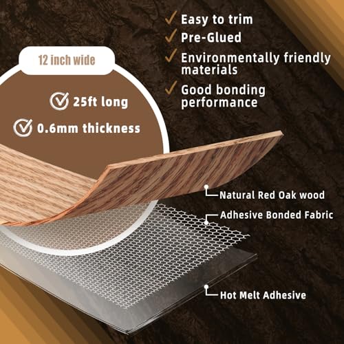 GSCIT Club Red Oak Wood Veneer, 12 inch x 25ft Wood Edge Banding Preglued Flexible, Veneer Tape Banding for Cabinet Repair Furniture - color: Red Oak Veneer, size: 12"x 25ft