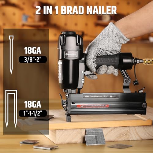 Pneumatic Brad Nailer, 18 Gauge 2 in 1 Air Brad Nail Gun and Staple Gun, compatible with 2-Inch Brad Nails and Crown 1-1/2 inch Staples, for Upholstery, DIY Project, Woodworking