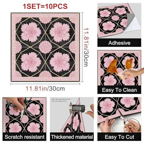 HOMETITUTE Pink Floral Gold Line Peel Stick Floor Tile, 12"x12" （10Pcs - color: Light Purple Glitter Lily