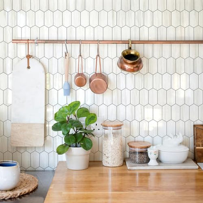 Vamos Tile Long Hexagon Peel and Stick Backsplash Tile - 10 Sheets Stick on Backsplash for Kitchen and Bathroom 12.4 x 12 Inch Glossy Dolomite White PVC Self Adhesive Mosaic Wall Tiles - color: Glossy Dolomite White