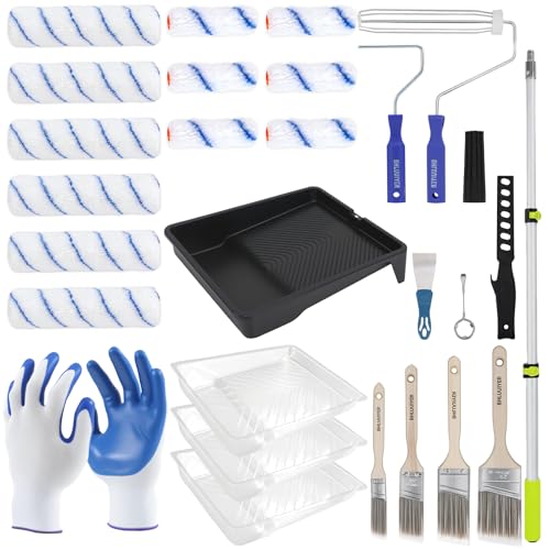 Paint Roller Kit with 2 to 4 FT Extension Pole for House Painting - Completed Home Painting Set with 9″ & 4″ Paint Roller Covers, Tray, Paint Brushes and Accessories
