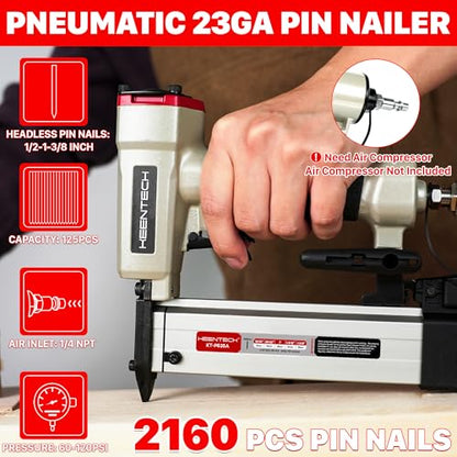KEENTECH Pneumatic Pin Nailer 23 Gauge with 2,160 1/2" to 1-3/8" Pin Nails - color: Silver, size: Fit 1/2" to 1-3/8" Pin Nails