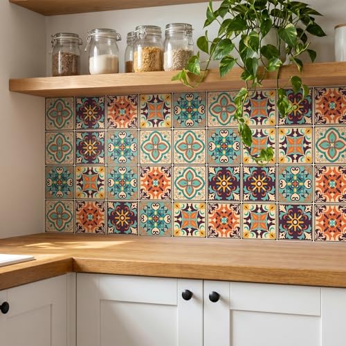 30Pcs Bohemian Style Tile self-Adhesive wall Sticker, Retro Style Wallpaper, Waterproof Living Room Kitchen Bedroom wall Sticker, Stair Decoration Sticker, 4x4 inches