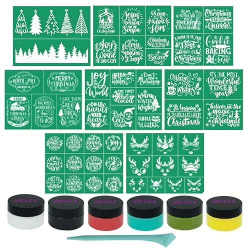 DGAGA 15 PCS Christmas Silk Screen Stencils and Chalk Paste Mesh Transfers Chalk Ink Xmas Reusable Self Adhesive Silk Screen Printing Stencil for Painting on Wood,Christmas Tree Sign Home Decor - color: 16 PCS chak paste starter kit
