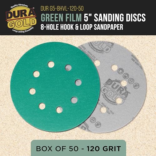 Dura-Gold 5" Green Film Sanding Discs, 120 Grit, 8-Hole, Box of 50, H & L - style: 120 Grit