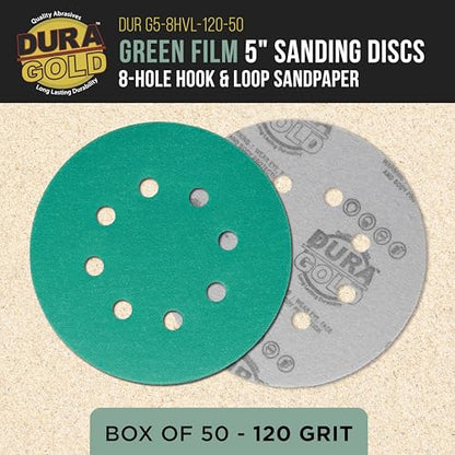 Dura-Gold 5" Green Film Sanding Discs, 120 Grit, 8-Hole, Box of 50, H & L - style: 120 Grit
