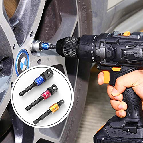 CIGOTU Impact Grade Power Hand Tools Driver Sockets Adapter Extension Set, 3Pcs 1/4 3/8 1/2" Hex Shank Drill Nut Driver Bit Set + 105 Degree Right Angle Driver Extension Screwdriver Drill Attachment - color: 3black+1silver