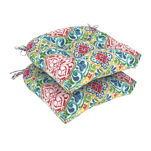 DYTXIII Set of 2 Outdoor Chair Cushions 19"x19"x4", Water Repellent Tufted Patio Seat Cushions with Ties, Thick Replacement Pads for Wicker Dining Chairs, Patio Furniture, Damask Red - color: Damask Red
