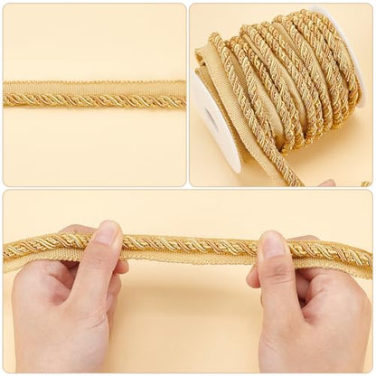 WADORN 13.67 Yards Twist Lip Cord Trim, 5/8 Inch Polyester Upholstery Trim Cord Rope Ribbon Basic Handmade Cord Trim for Costume DIY Crafts Decoration Upholstery Curtain Tieback, Gold