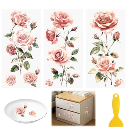 Flowers Rub On Transfers for Furniture and Crafts, 3pcs Pink Rose Flowers Transfers Stickers Waterproof Decals for Bookcase Wardrobe DIY Home Door - color: Pink Roses
