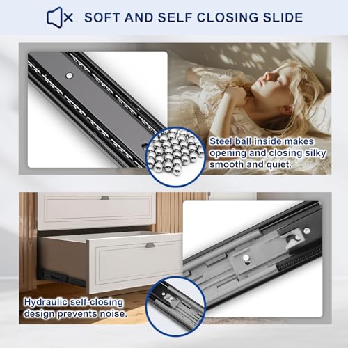 Probrico 1 Pair 18 Inch Soft Close Drawer Slides, Ball Bearing Full Extension Dresser Slides, Side Mount Heavy Duty Black Drawer Slides Glides - size: 18 Inch