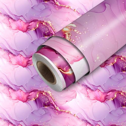 HOMETITUTE Pink Purple Marble Peel Stick Wallpaper 118.1x17.7 Inch Vinyl - color: Pink Purple Marble