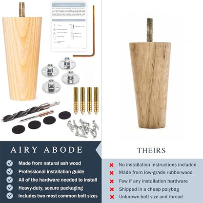 Airy Abode Premium Ash Wood Furniture Legs (Full Install Kit) - Pick Your Size and Color - color: Ash, size: 8 Inches
