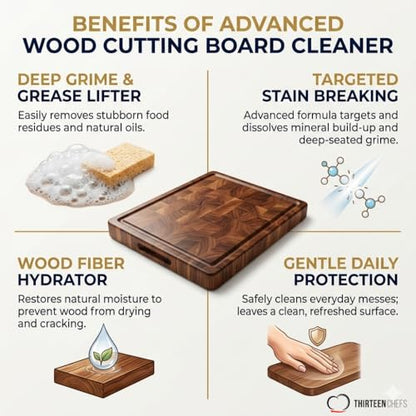 Thirteen Chefs Wood Cutting Board Cleaner - Food Safe Spray for Butcher Blocks and Countertops, Spray Soap for Wooden Surfaces (16oz)