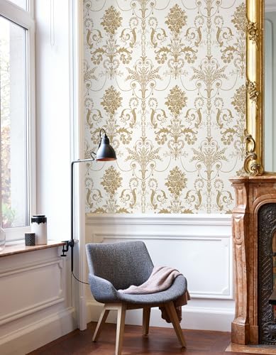 Damask Floral Peel and Stick Wallpaper Removable Gold Flowers Contact Paper - color: Gold, size: 17.3" x 197"