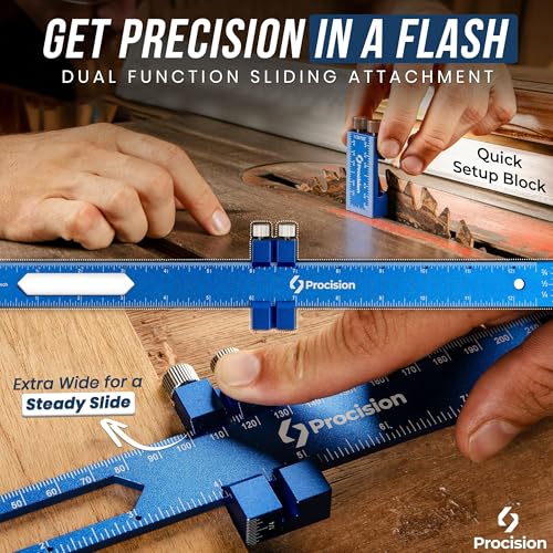 ELEON Procision Woodworking Ruler, Set of 3 (12, 8, 6 Inch) - Precision Woodworking Pocket Tool with Extra Wide 2" Sliding Attachment - Slide T-Square Scribing Kit Plus Mechanical Pencil - Aluminium