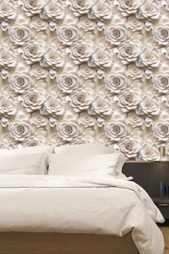 Peel and Stick Wallpaper Beige Rose Floral Accent - color: Cream&Light Brown, size: 17.7" x 118"