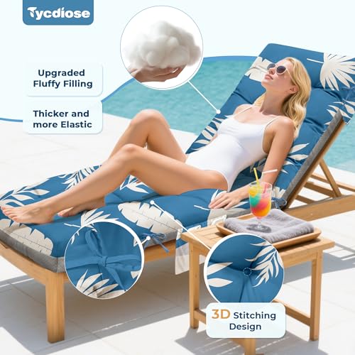 Outdoor Chaise Lounge Chair Cushion, 71 x 22 x 4.7 Inches Waterproof Chaise Lounge Cushions Replacement for Outdoor Furniture, Thickened Non-Slip Patio Lounge Chair Cushions, Blue Leaves - color: Blue Leaves